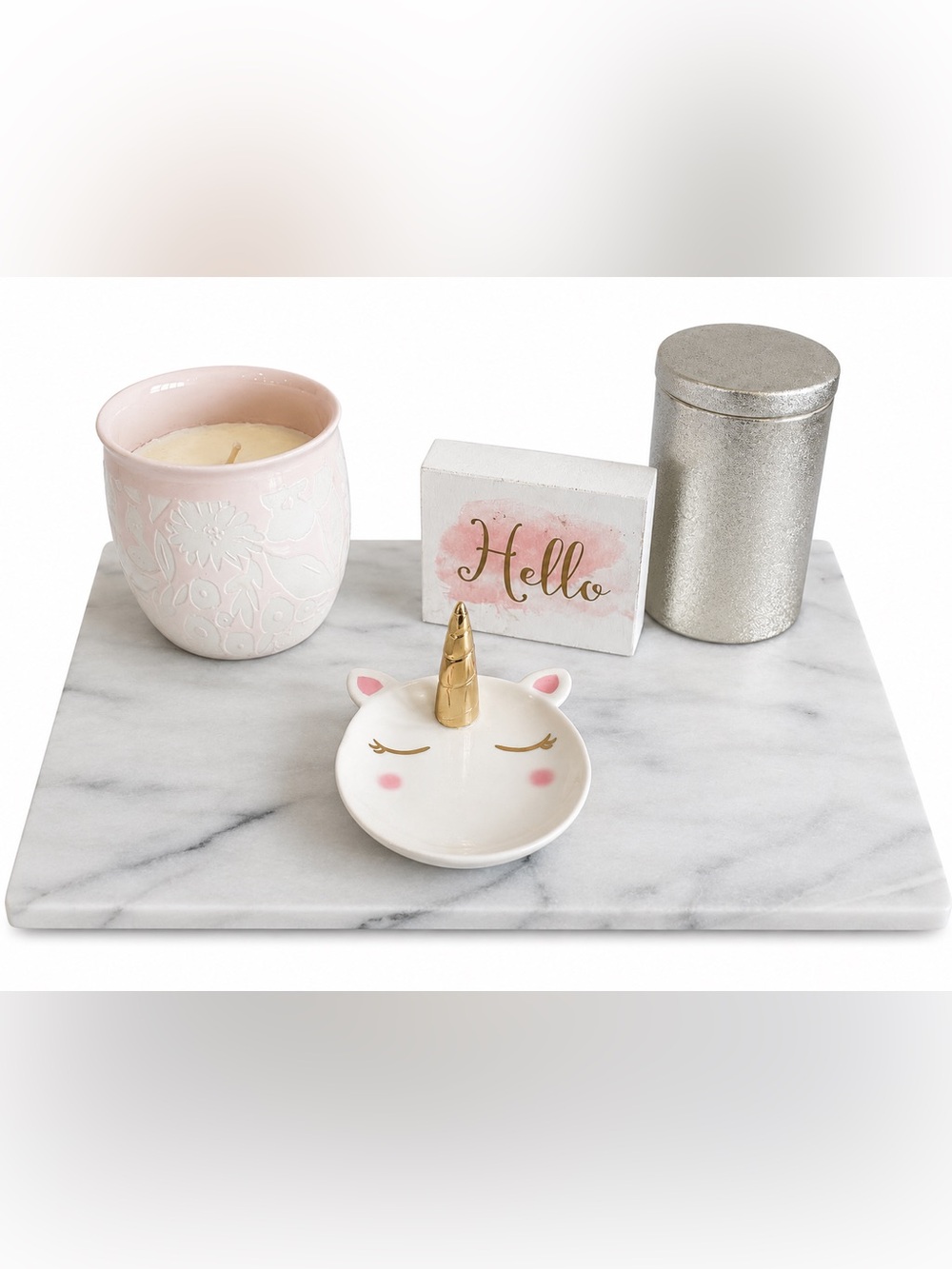 Unicorn Ring Dish with Gold Horn - Gold, Pink & White Decor Bundle